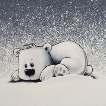 Preview: Samt Chenille Kissenpanel mit Eisbären im Schneetreiben in Grau